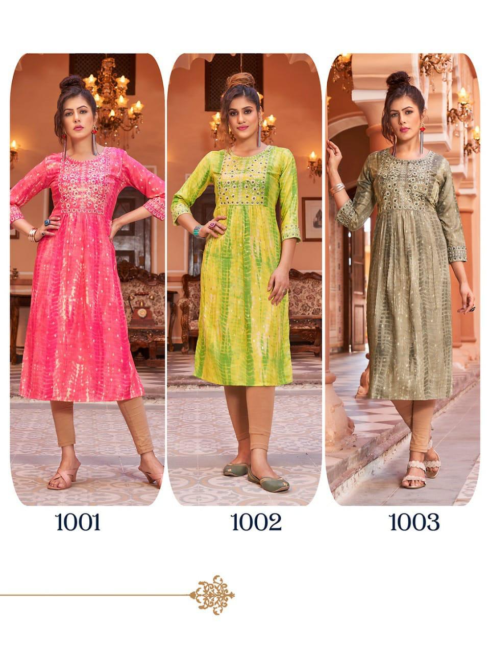 Hirwa Shibori Naira Cut Festive wear Wholesale Embroidery Designer Kurtis
